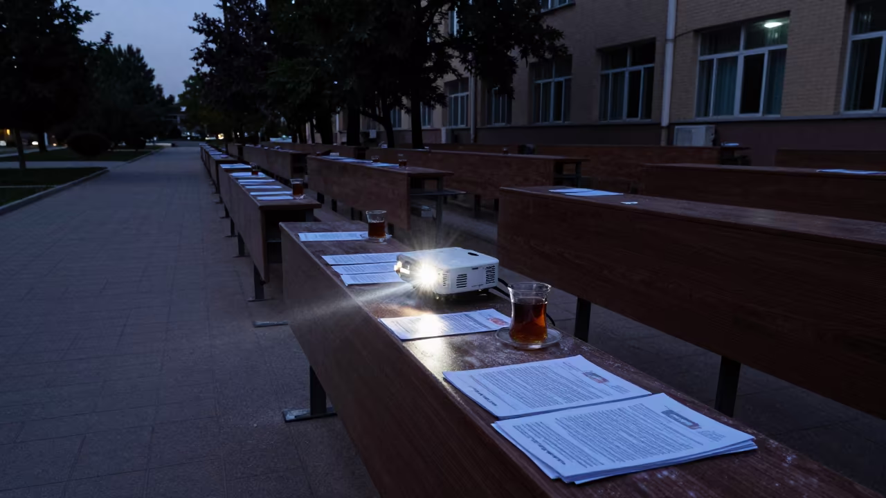 Predawn Study Carrel in Library Stacks in along a schoolyard walkway near Turkistan