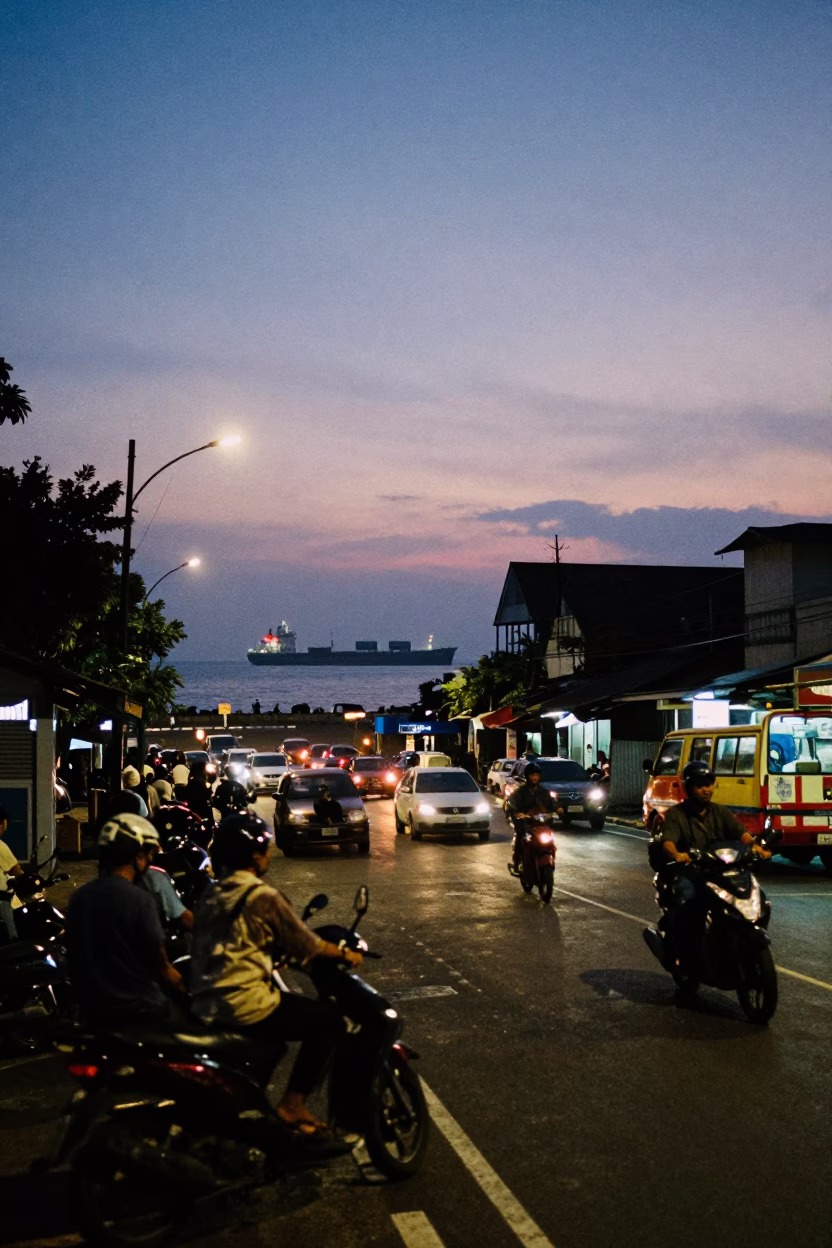Predawn Surabaya Street Scene with Cargo Ship Horizon and Local Market Activity in in Surabaya, Indonesia