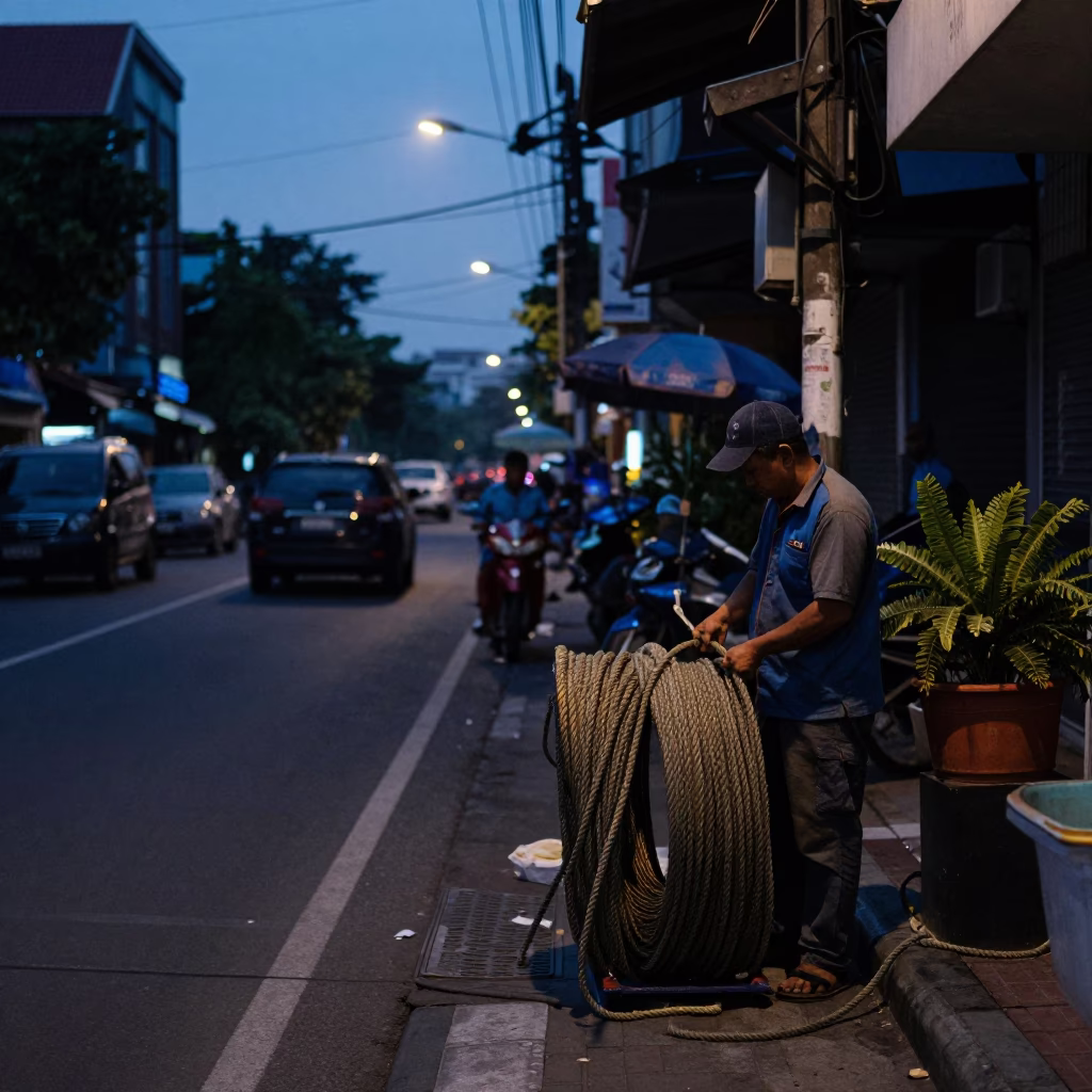Predawn Surabaya Street Scene with Coiled Rope and Urban Infrastructure in in Surabaya, Indonesia