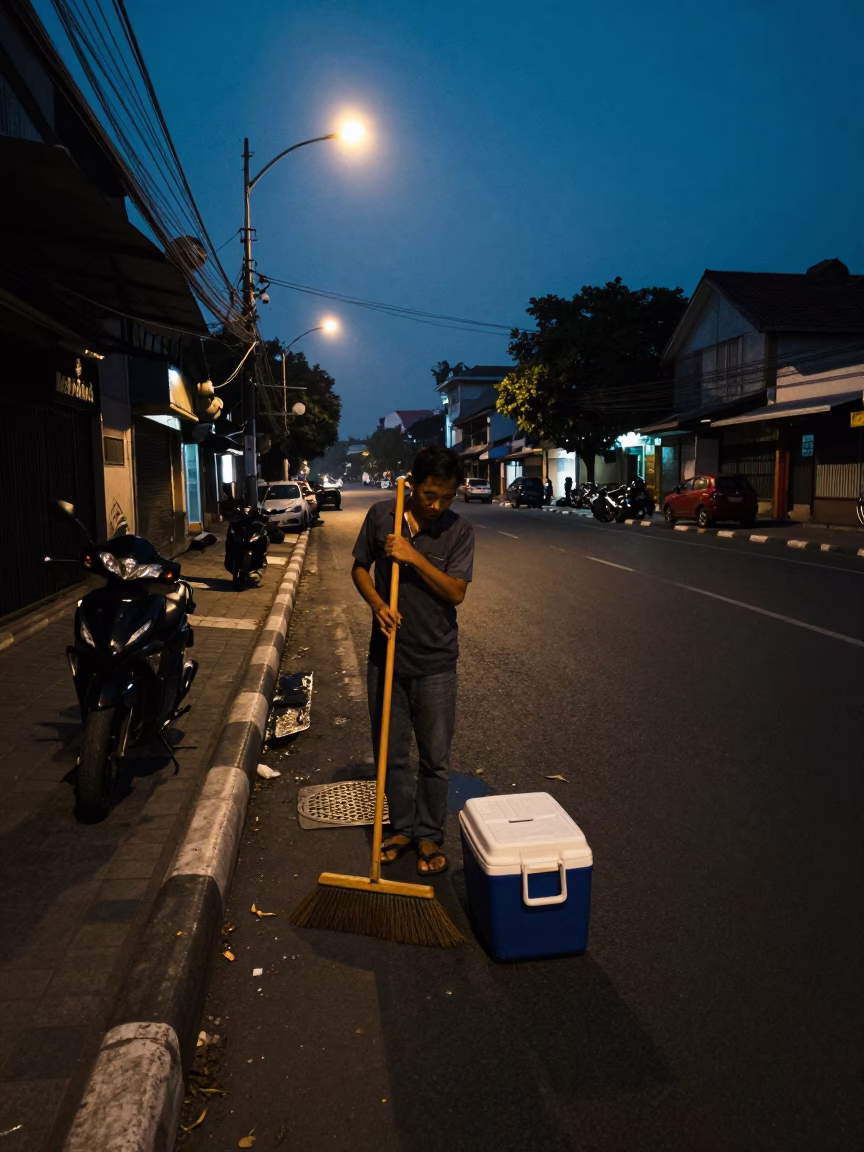Predawn Surabaya street scene with hand broom and cooler jug in Indonesia in in Surabaya, Indonesia