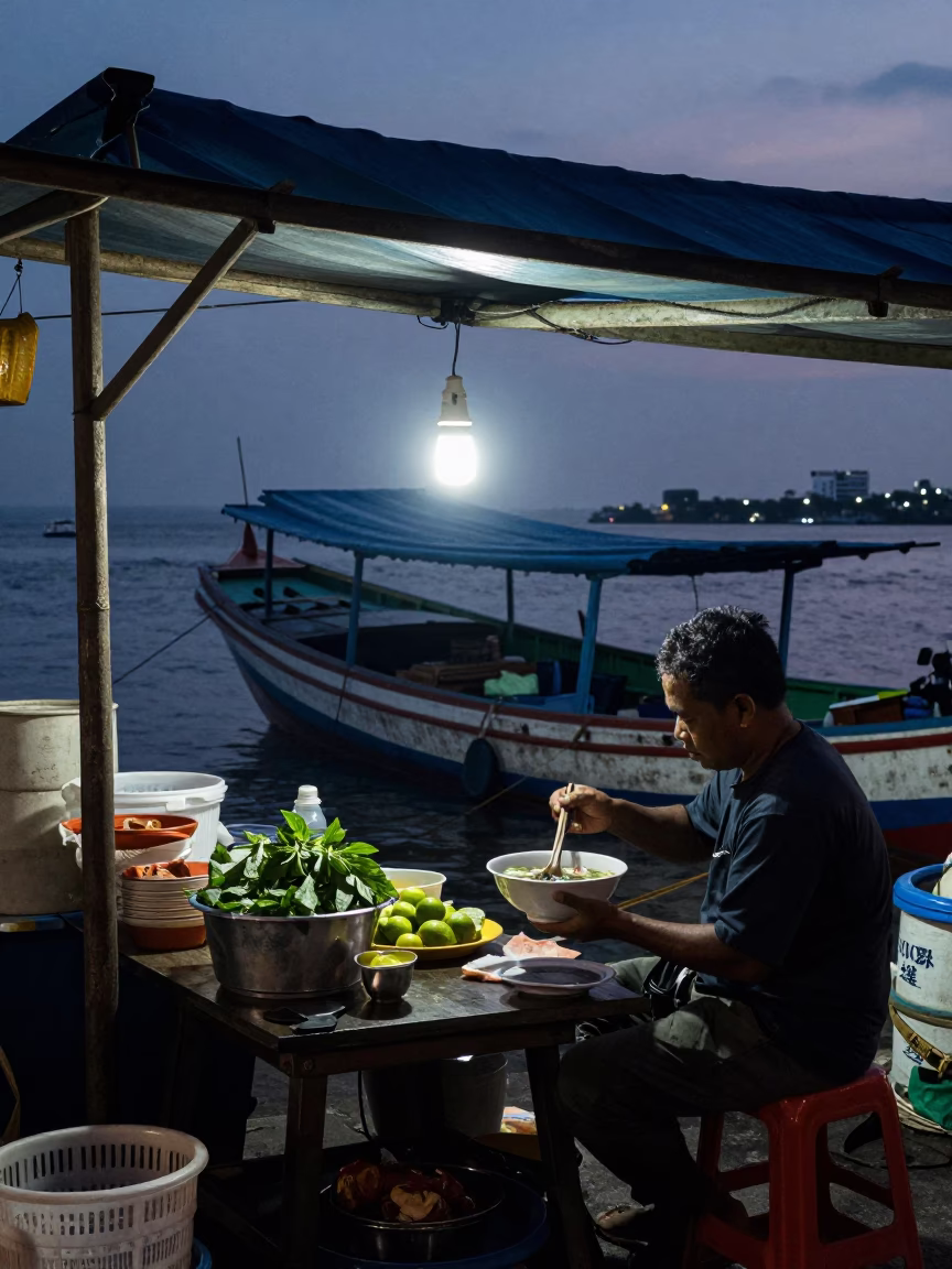 Predawn Surabaya Street Scene with Junk Boat and Local Food Vendor in in Surabaya, Indonesia