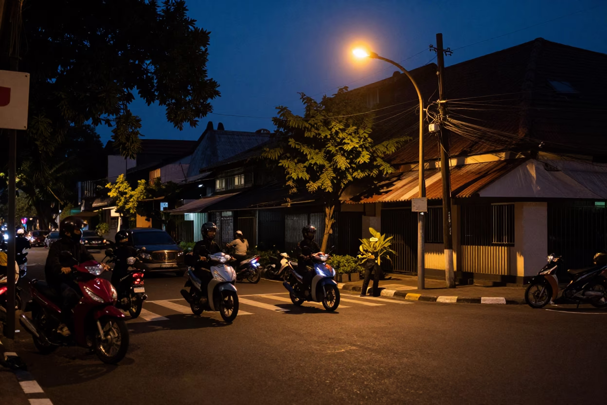 Predawn Surabaya Street Scene with Motorcycles and Prayer Beads in in Surabaya, Indonesia