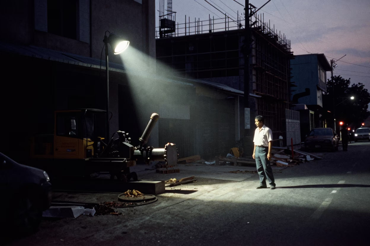 Predawn Surabaya Street Scene with Pile Driver and Chili Peppers in in Surabaya, Indonesia