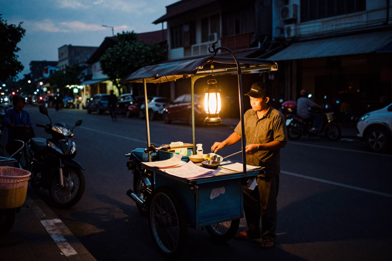 Predawn Surabaya street scene with street vendor and paper lantern in Indonesia in in Surabaya, Indonesia