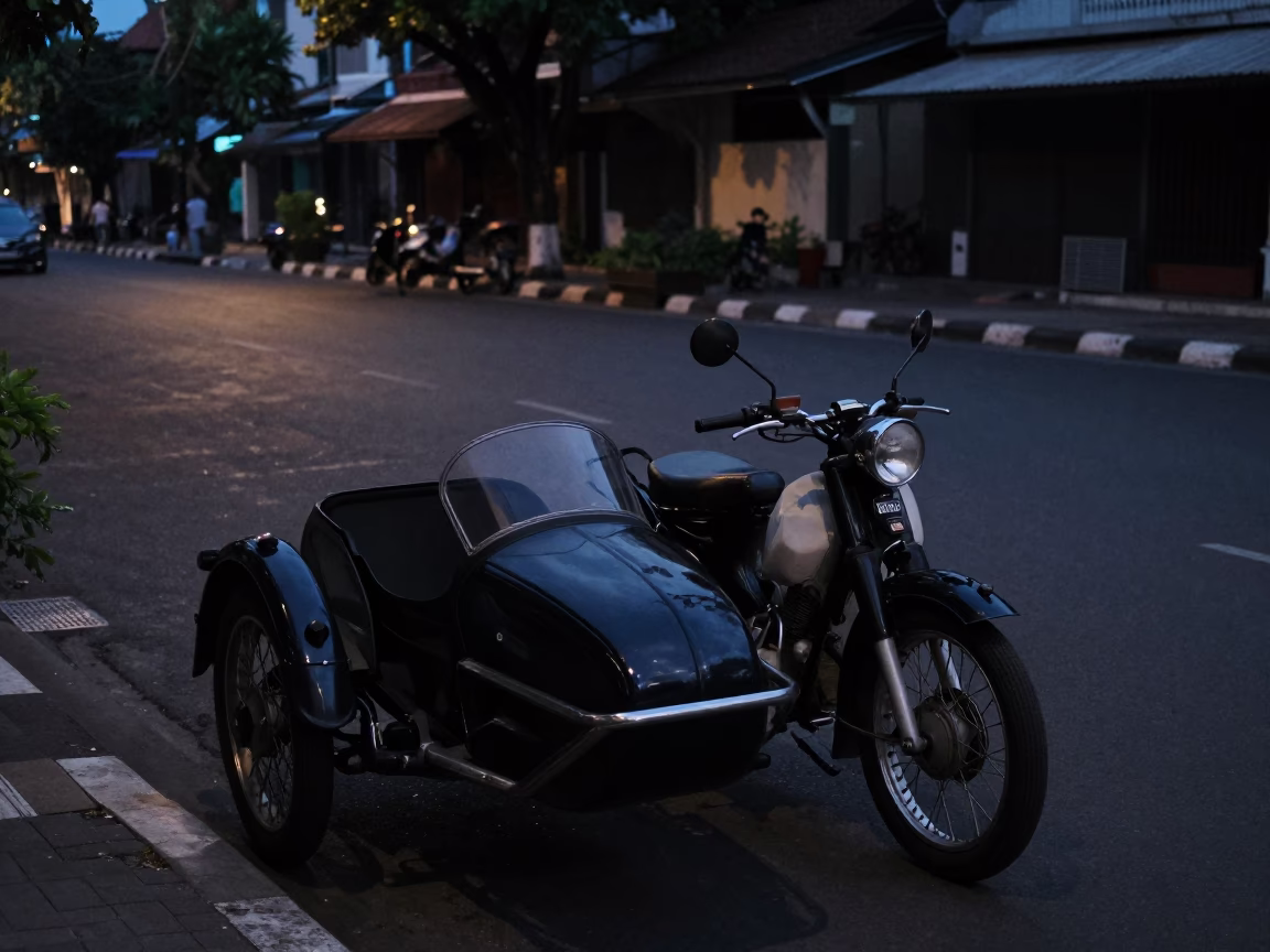 Predawn Surabaya Street Scene with Vintage Motorcycle and Sidecar in Dark Urban Indonesia in in Surabaya, Indonesia