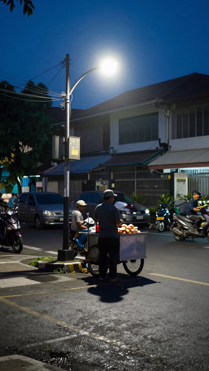 Predawn Surabaya Street Scene with Wicker Shadow and Condensation on Hinge in in Surabaya, Indonesia