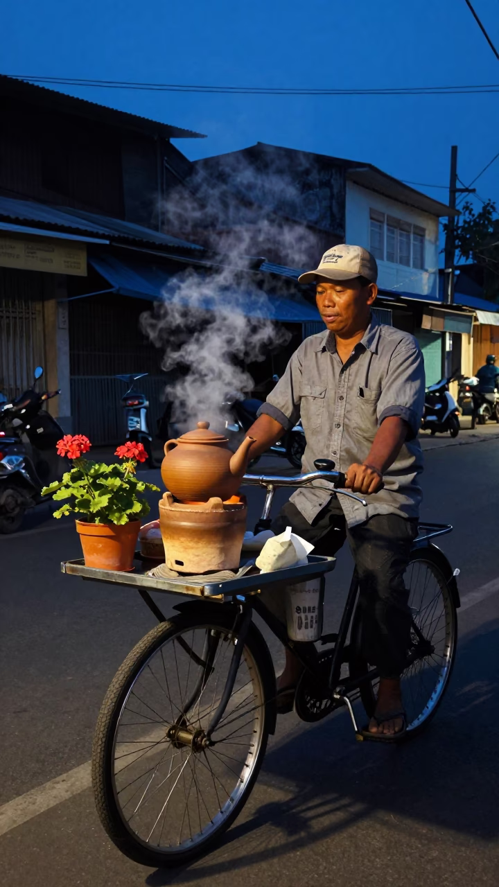 Predawn Surabaya Street Vendor Clay Teapot and Geraniums in 1980s Indonesia in in Surabaya, Indonesia