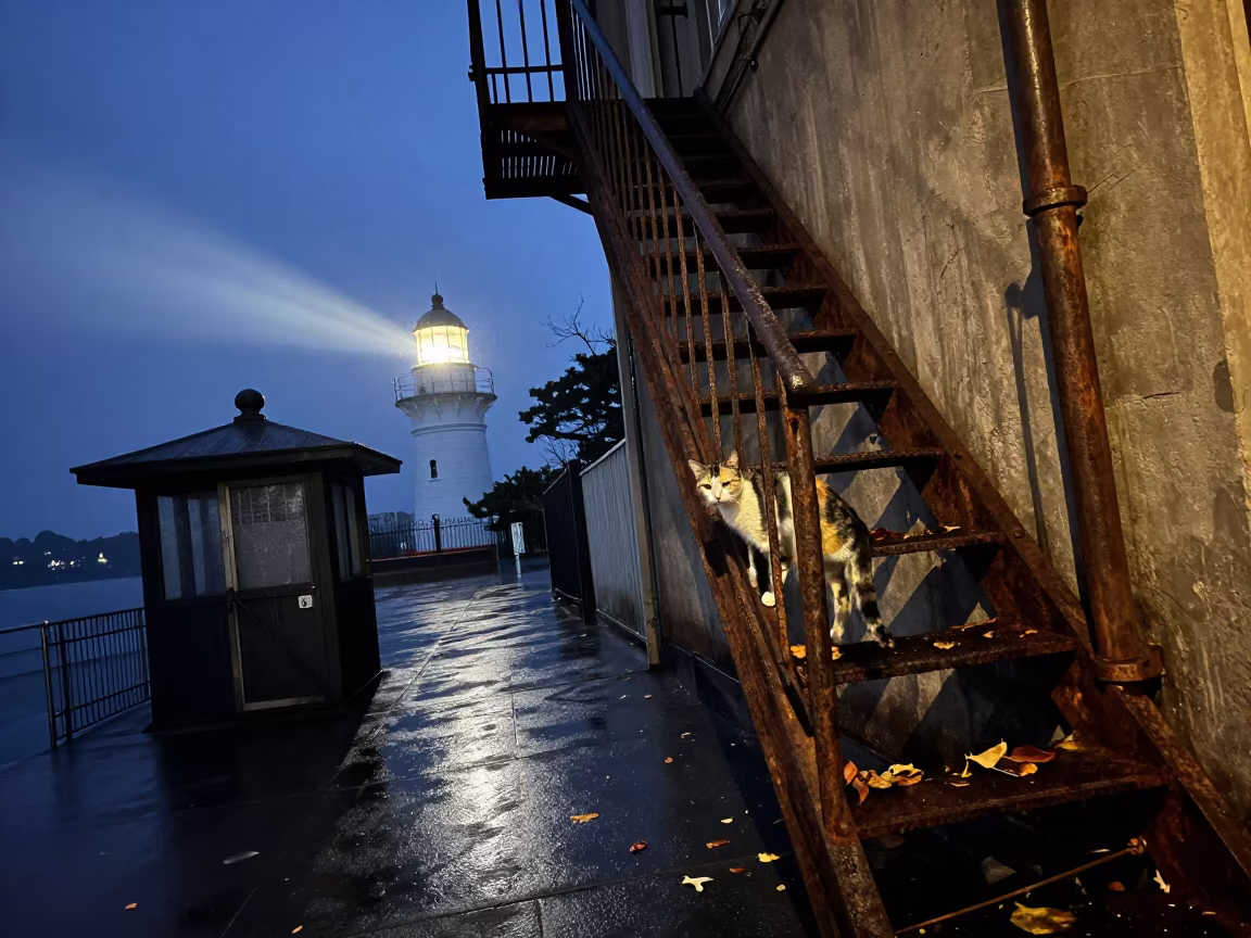 Predawn Sydney Cat on Wet Fire Escape in by a rain-darkened kiosk in Sydney
