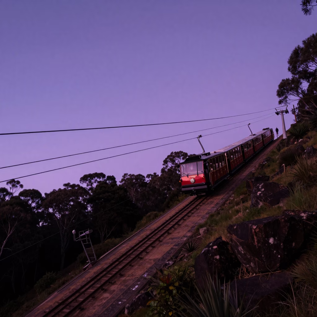 Predawn Sydney Funicular Climbing Steep Hill Against Violet Sky in in Sydney, New South Wales, Australia