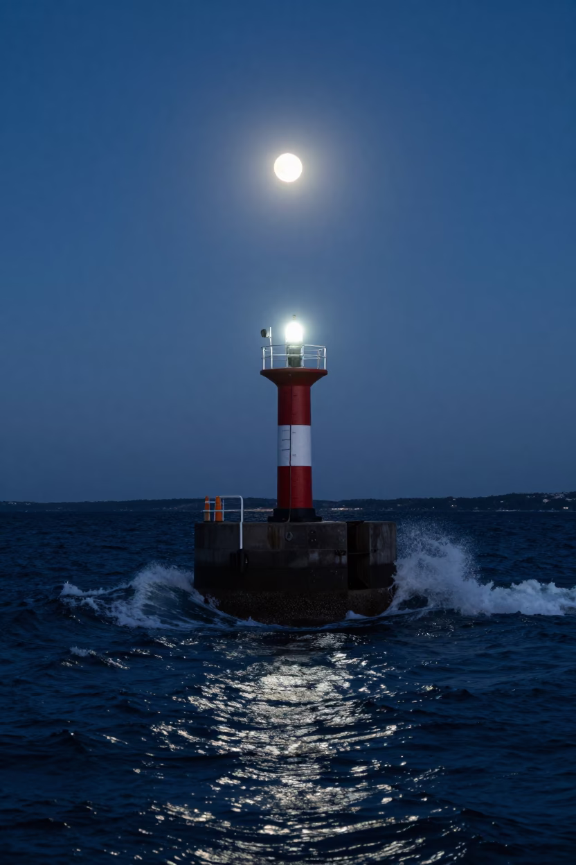 Predawn Sydney Harbour Breakwater Beacon and Moonlit Surf in New South Wales Australia in in Sydney, New South Wales, Australia
