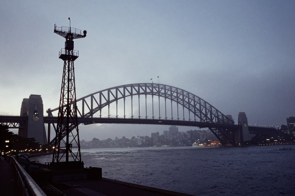 Predawn Sydney Harbour Bridge and Signal Gantry Mist Photograph in in Sydney, New South Wales, Australia