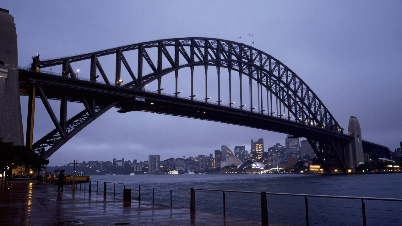 Predawn Sydney Harbour Bridge Steel Girders and Wet Pavement Reflections in in Sydney, New South Wales, Australia