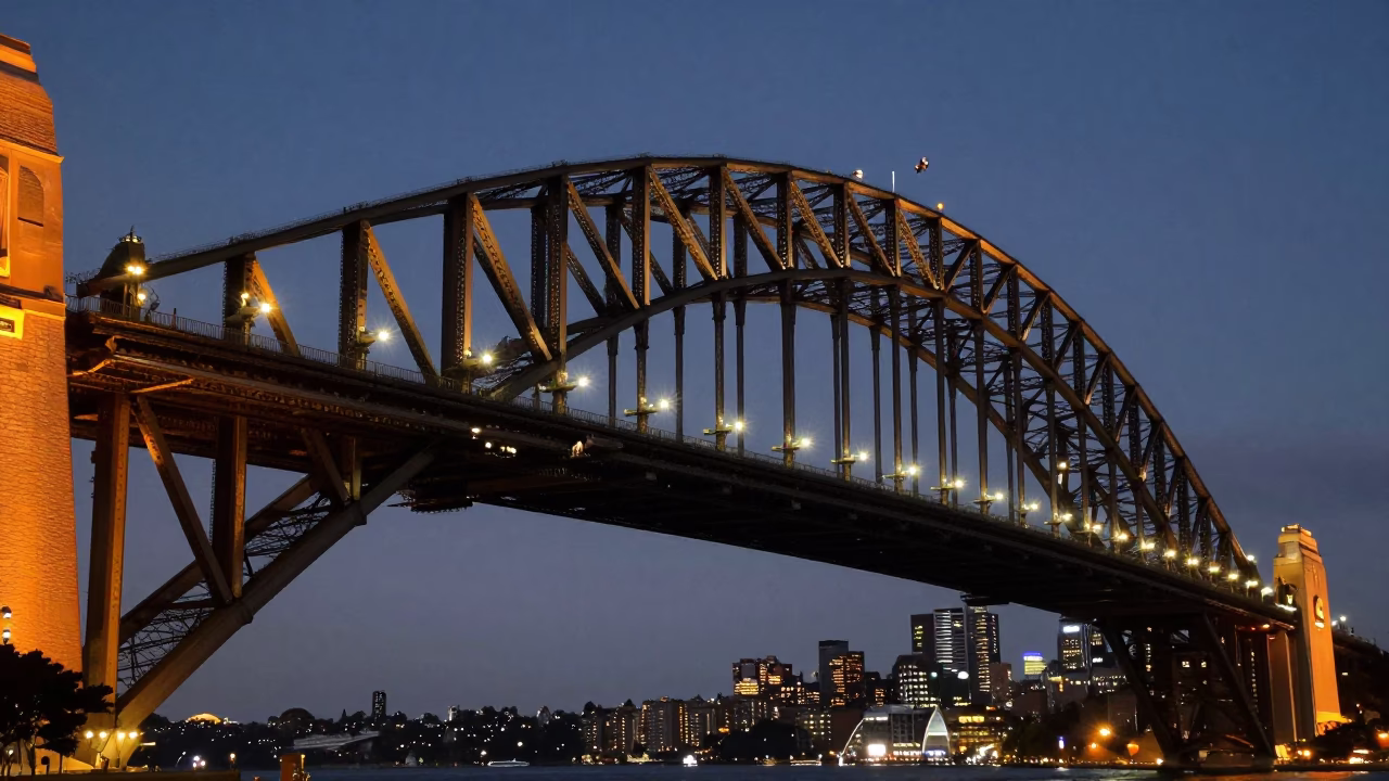 Predawn Sydney Harbour Bridge Steel Trusses Illuminated by Streetlights in in Sydney, New South Wales, Australia