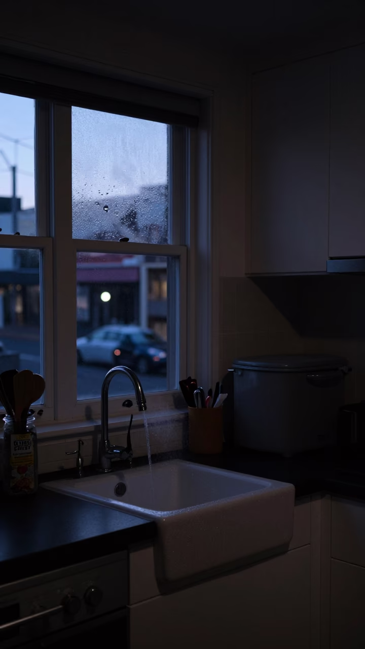 Predawn Sydney Kitchen with Condensation on Basin and Cooler Jug in in Sydney, New South Wales, Australia
