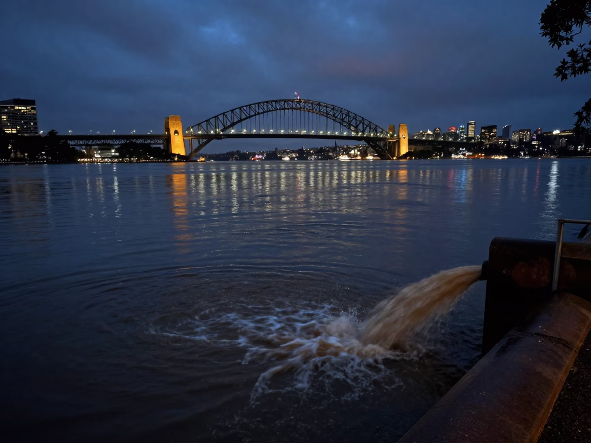 Predawn Sydney Storm Drain Outfall Pouring Into Swollen River Near Harbour Bridge in in Sydney, New South Wales, Australia