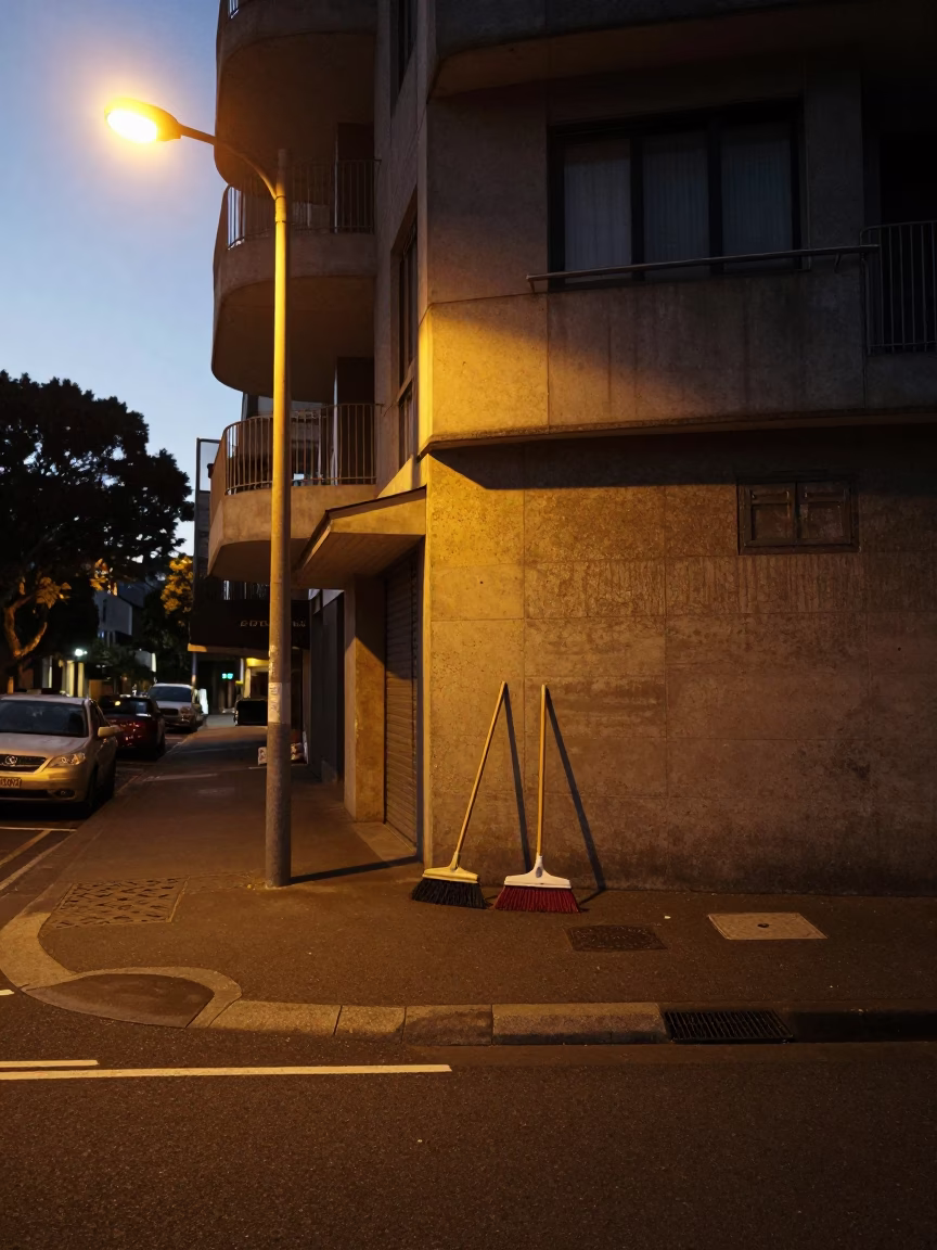 Predawn Sydney Street Scene with Brooms and Urban Morning Activity in in Sydney, New South Wales, Australia