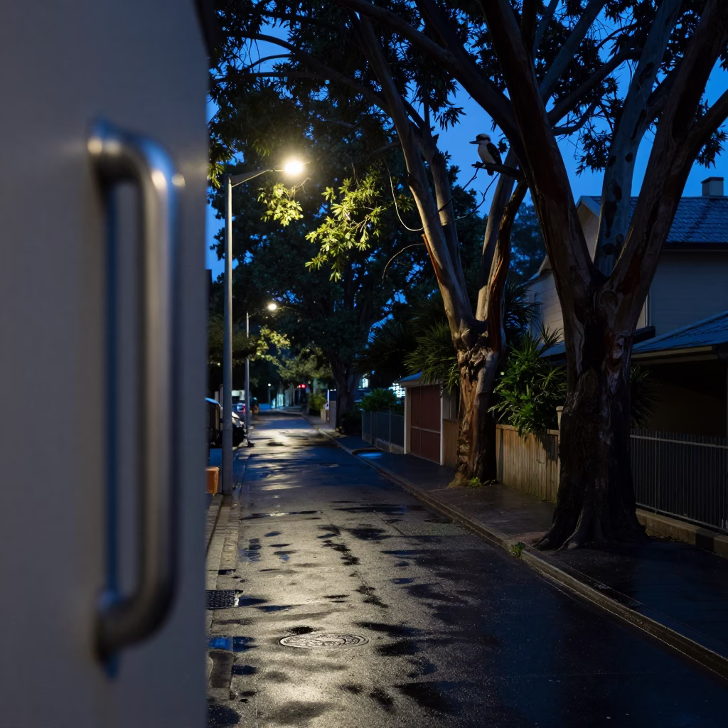 Predawn Sydney Street Scene with Brushed Steel Handle and Gum Tree in in Sydney, New South Wales, Australia
