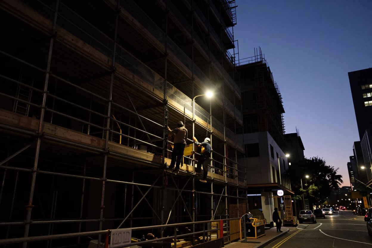 Predawn Sydney Street Scene with Construction Workers and Urban Details in in Sydney, New South Wales, Australia