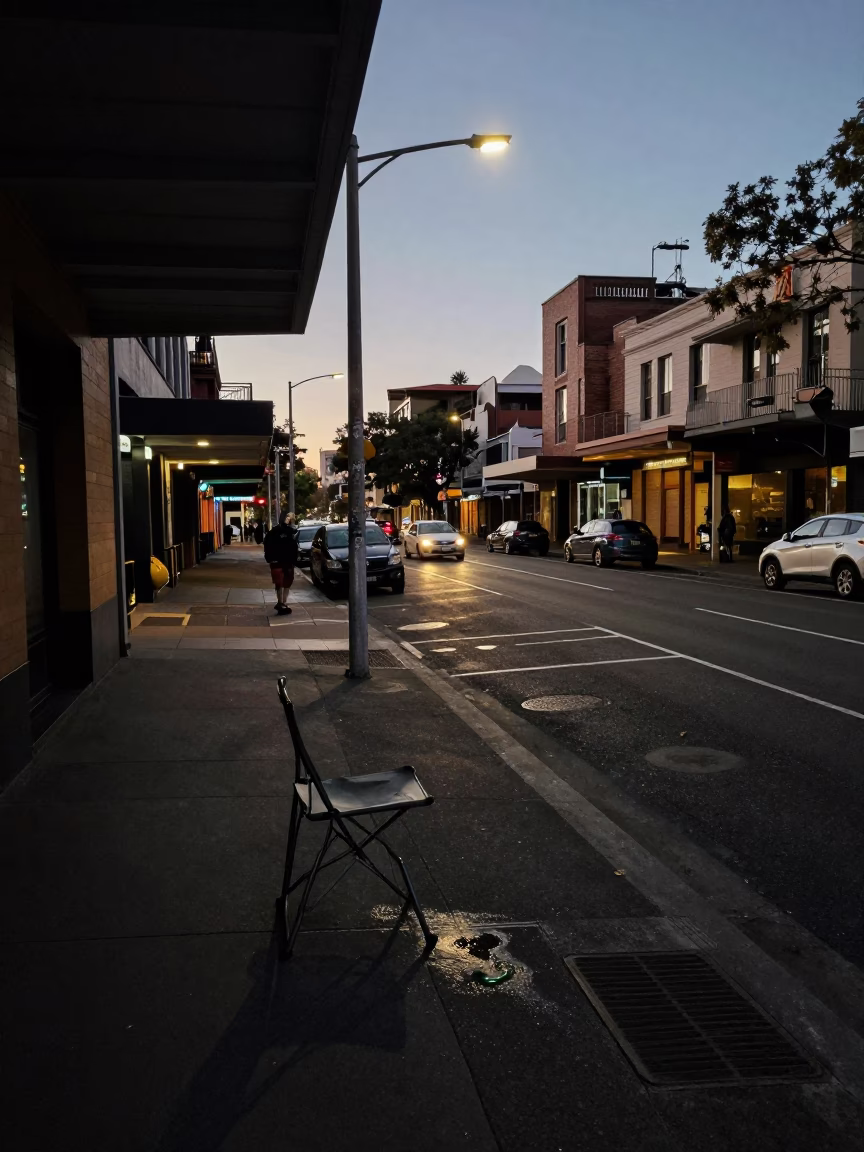 Predawn Sydney Street Scene with Folding Chair and Grease Sheen on Sill Edge in in Sydney, New South Wales, Australia