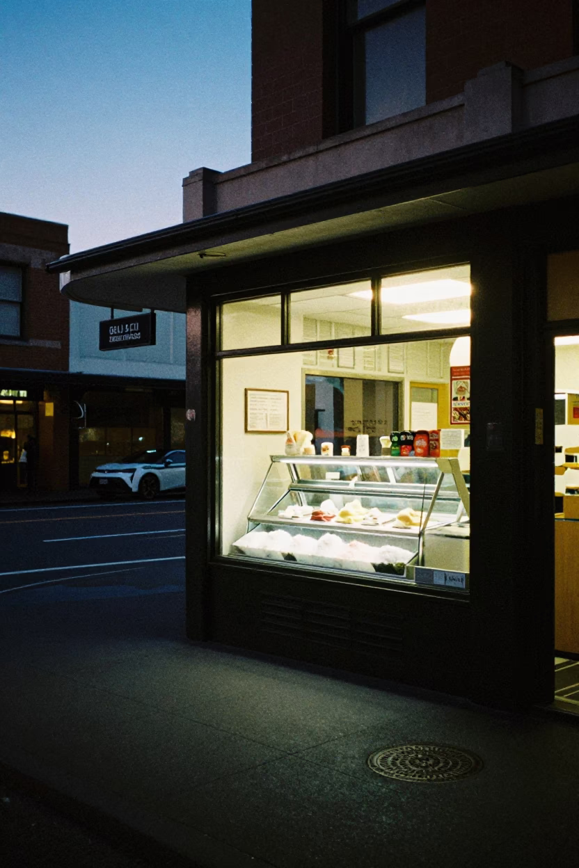 Predawn Sydney Street Scene with Gelato Display and Salt Hotel Sign in in Sydney, New South Wales, Australia
