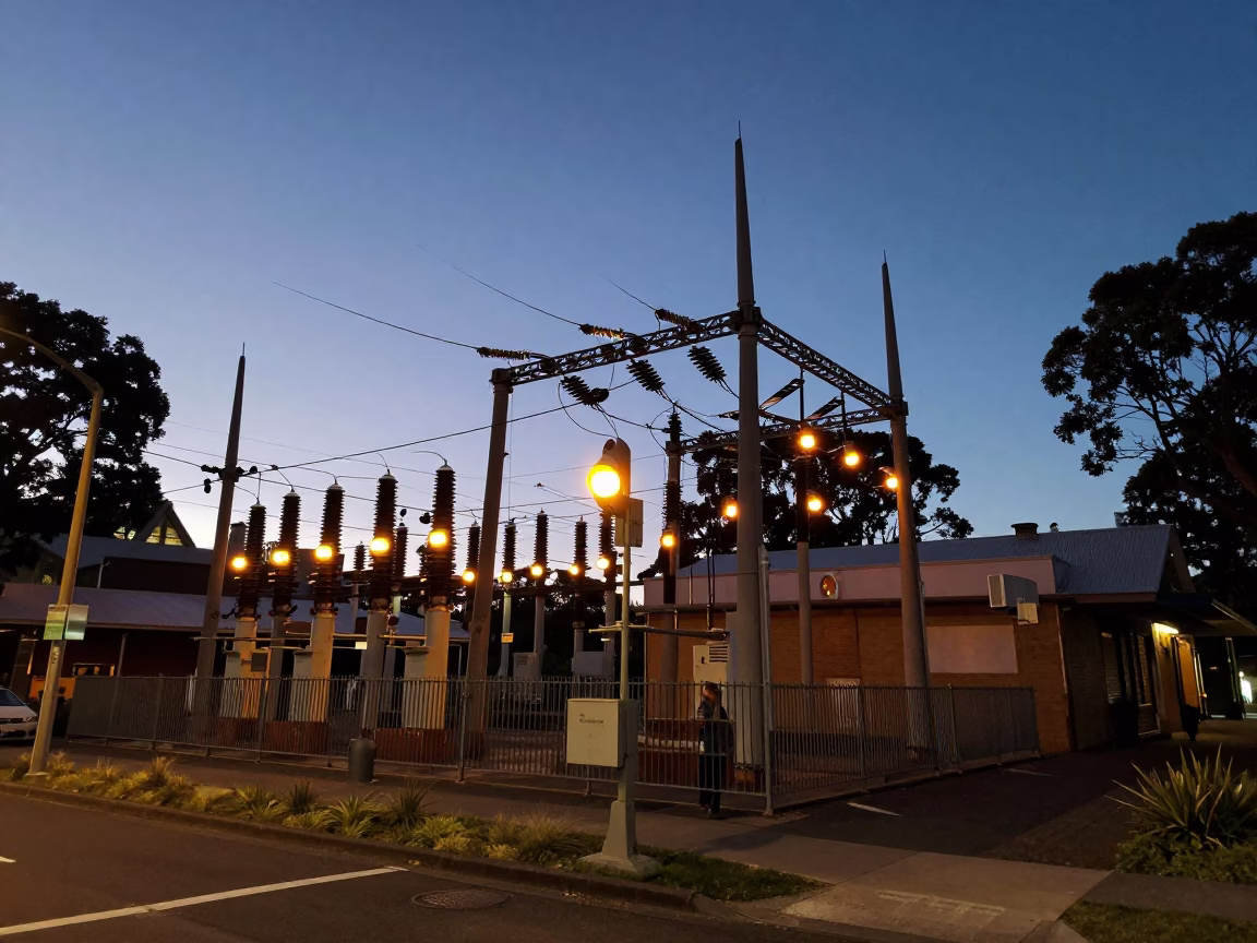Predawn Sydney Street Scene with Glowing Substation Busbars and Urban Infrastructure Details in in Sydney, New South Wales, Australia
