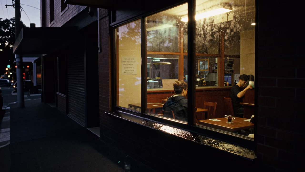 Predawn Sydney Street Scene with Grease Sheen on Windowsill and Late Night Diner Interior in in Sydney, New South Wales, Australia