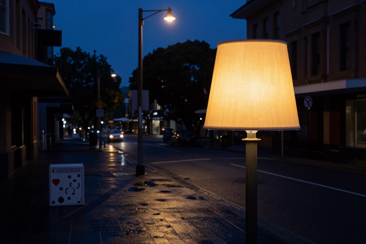 Predawn Sydney Street Scene with Lampshade and Domino Box in in Sydney, New South Wales, Australia