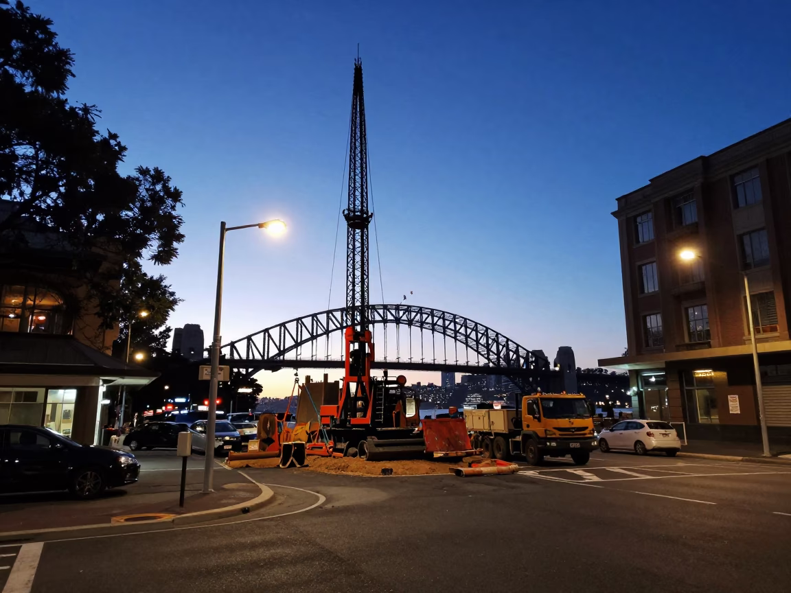 Predawn Sydney Street Scene with Pile Driver Construction Site in New South Wales Australia in in Sydney, New South Wales, Australia