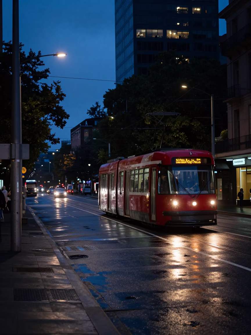 Predawn Sydney Street Scene with Tram and Urban Elements in Australia in in Sydney, New South Wales, Australia