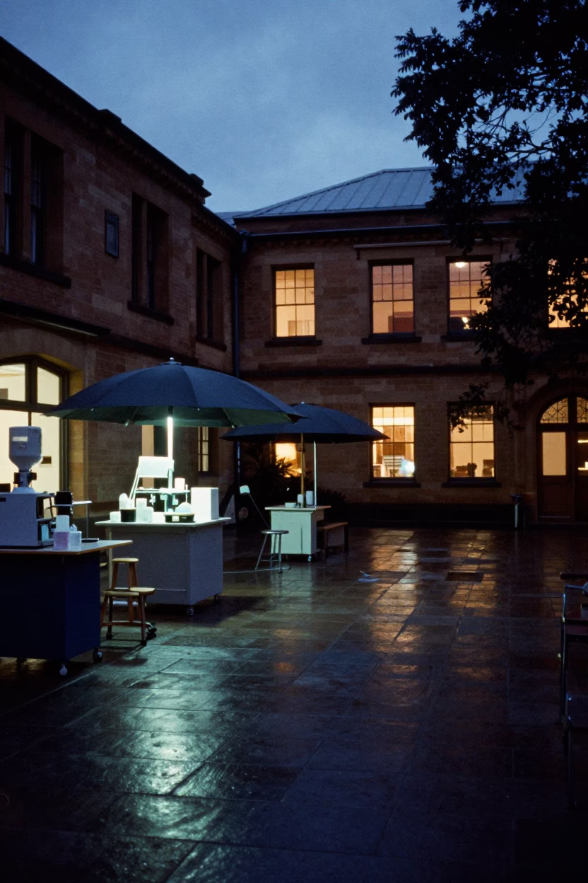 Predawn Sydney Street Scene with Umbrellas and Laboratory Equipment in Courtyard in in Sydney, New South Wales, Australia