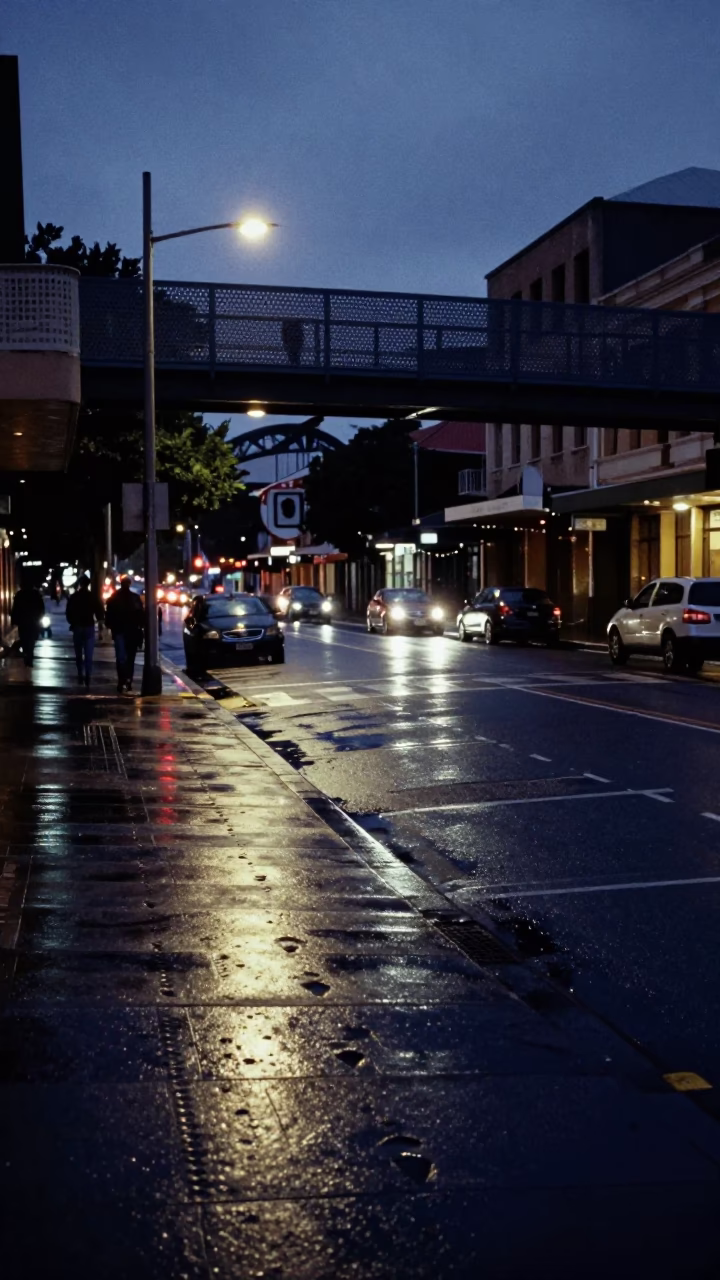 Predawn Sydney Street Scene with Wet Footsteps on Perforated Metal Pedestrian Overpass in in Sydney, New South Wales, Australia