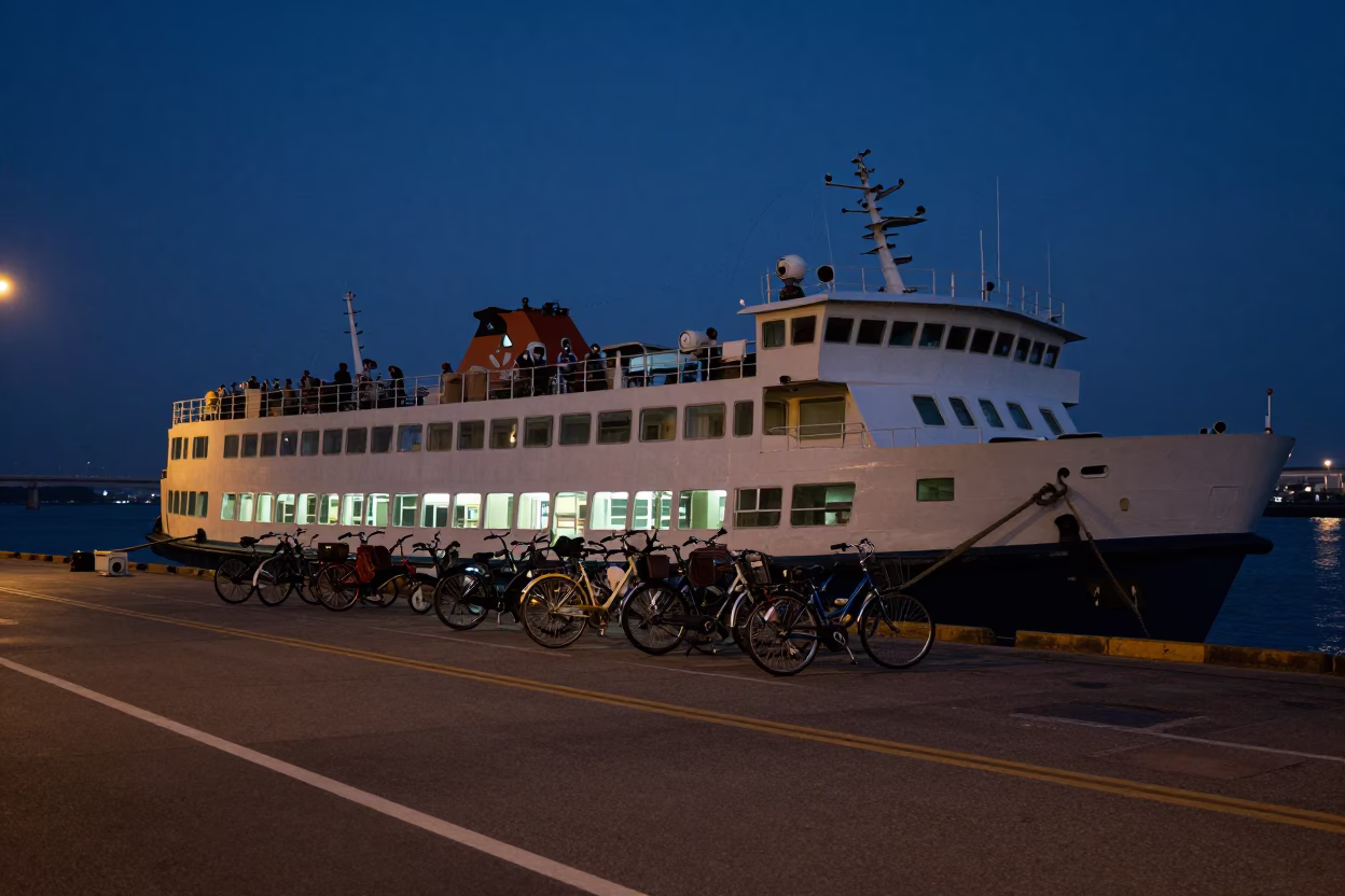 Predawn Tainan Street Scene with Ferry and Bicycle Loading in Early Morning Darkness in in Tainan, Taiwan