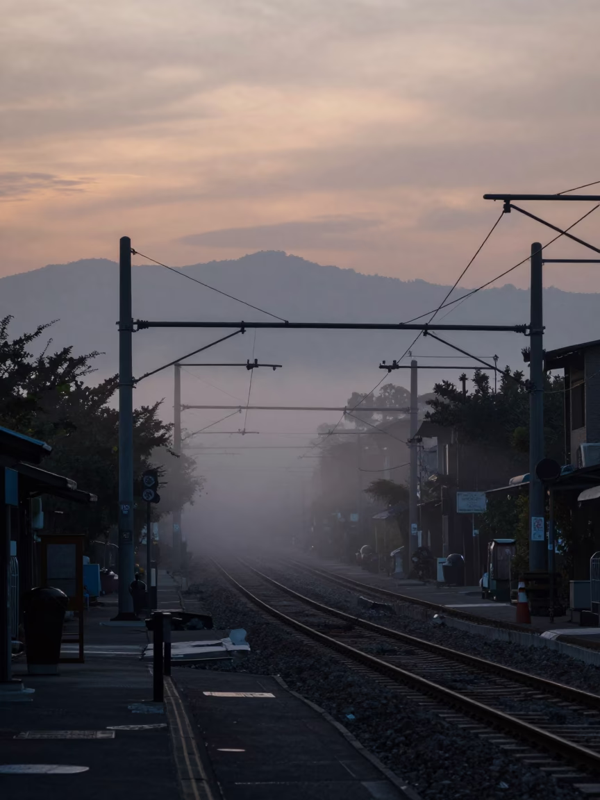 Predawn Tainan street scene with rail catenary fog and local market activity in in Tainan, Taiwan