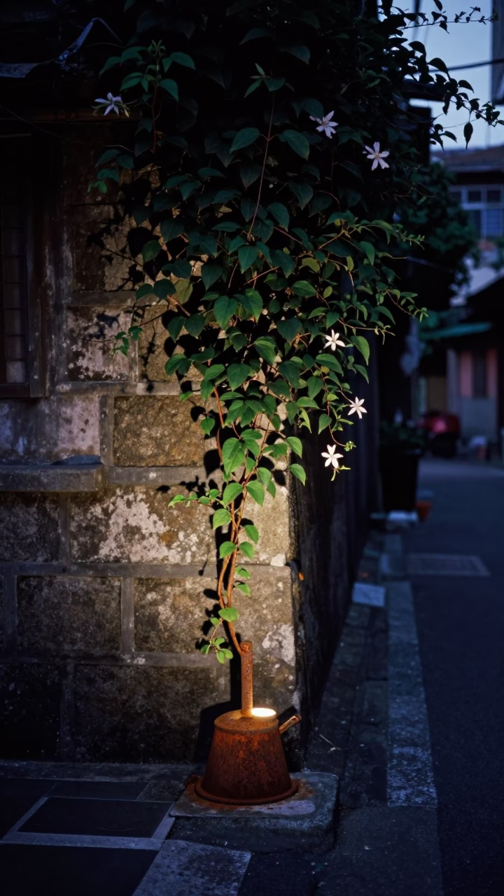 Predawn Tainan Street Scene with Rusty Lamp Base and Clematis Vine in in Tainan, Taiwan