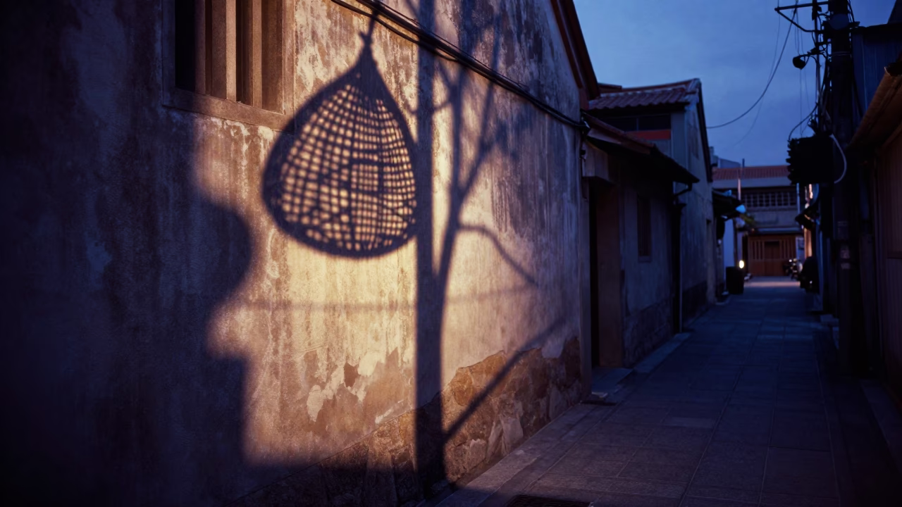 Predawn Tainan Street Scene with Wicker Shadows on Plaster Walls and Blue Porcelain in in Tainan, Taiwan
