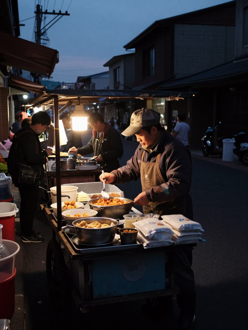 Predawn Tainan Street Vendor Preparing Breakfast with Salt Spoon and Nectarines in Taiwan in in Tainan, Taiwan