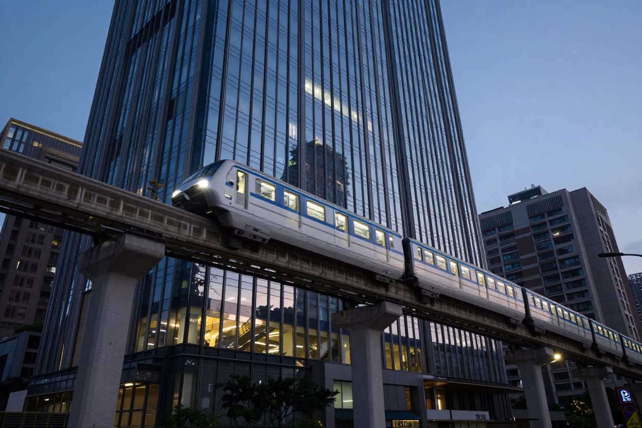 Predawn Taipei Monorail Reflections in Glass Skyscraper Street Scene in in Taipei, Taiwan