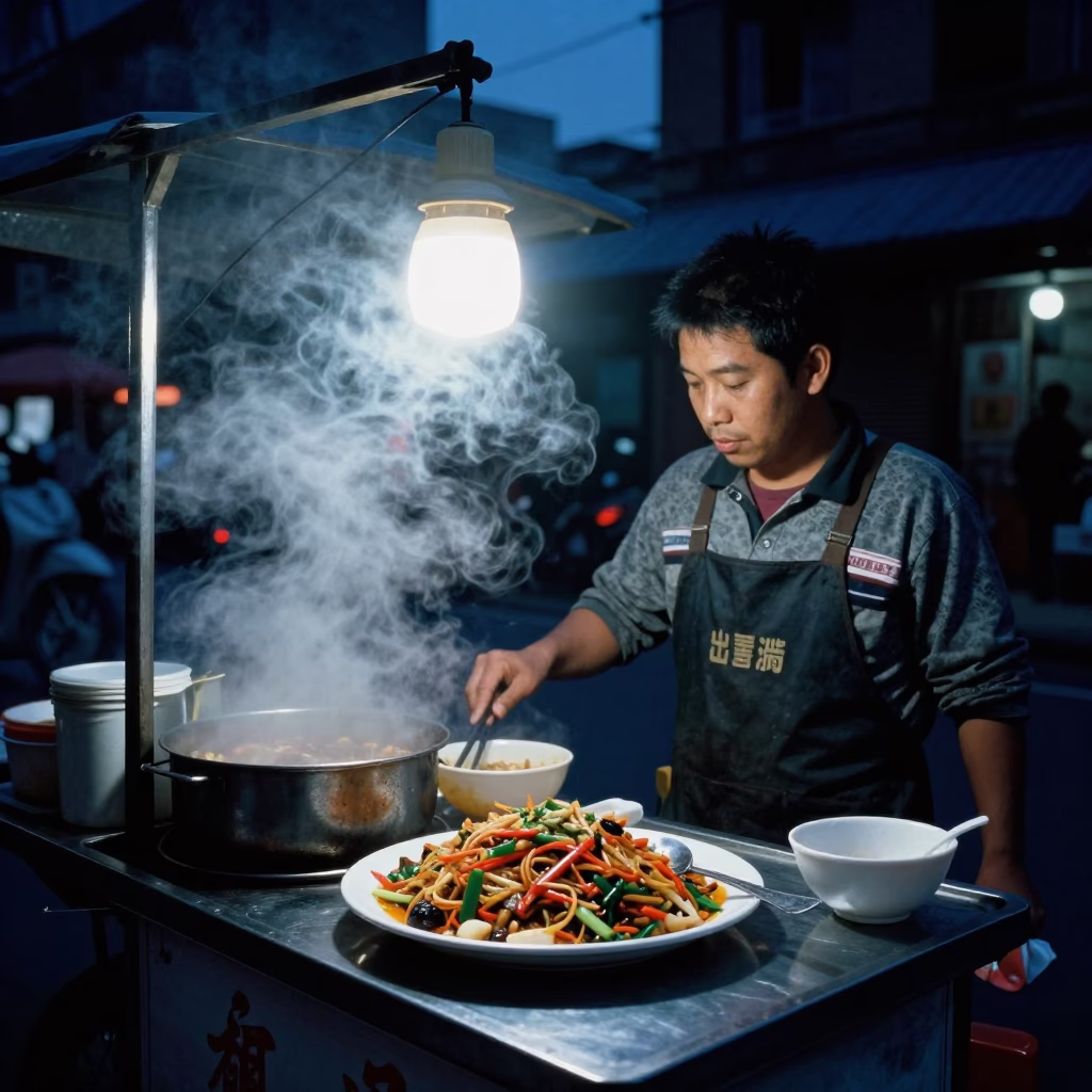 Predawn Taipei Street Food Stall Lomo Saltado and Blue Porcelain Plate in in Taipei, Taiwan