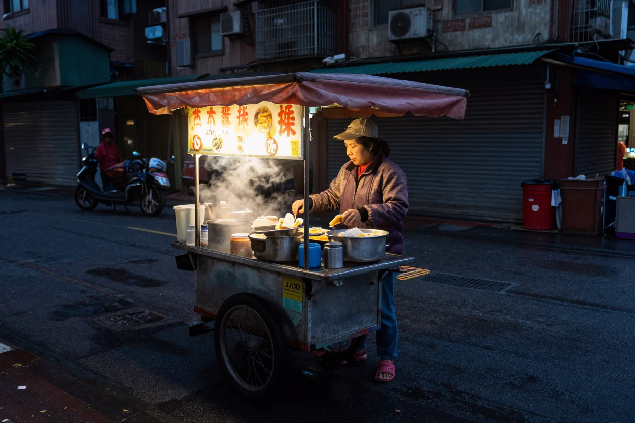 Predawn Taipei street food vendor serving hot breakfast in misty darkness in in Taipei, Taiwan