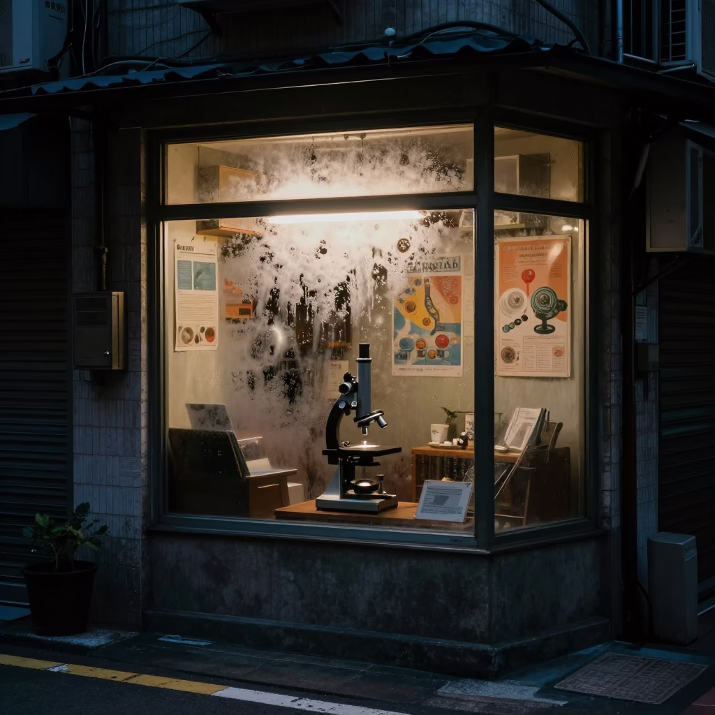 Predawn Taipei Street Scene with Antique Microscope and Condensation Window in in Taipei, Taiwan