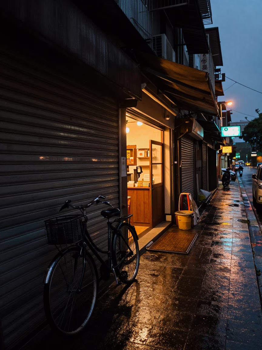 Predawn Taipei Street Scene with Bicycle and Bakery Entrance in in Taipei, Taiwan