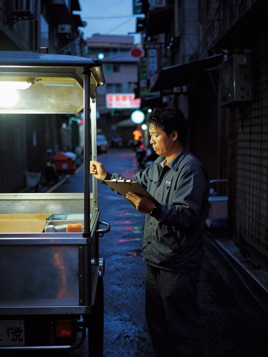 Predawn Taipei Street Scene with Clipboard and Brushed Steel Doorframe in Rain in in Taipei, Taiwan