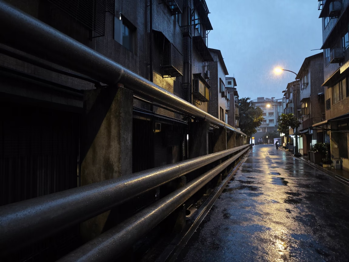 Predawn Taipei Street Scene with District Heating Pipes and Rain in in Taipei, Taiwan