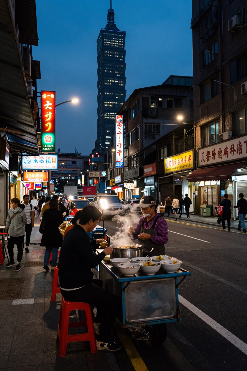 Predawn Taipei Street Scene with Neon Lights and Morning Commuters in in Taipei, Taiwan