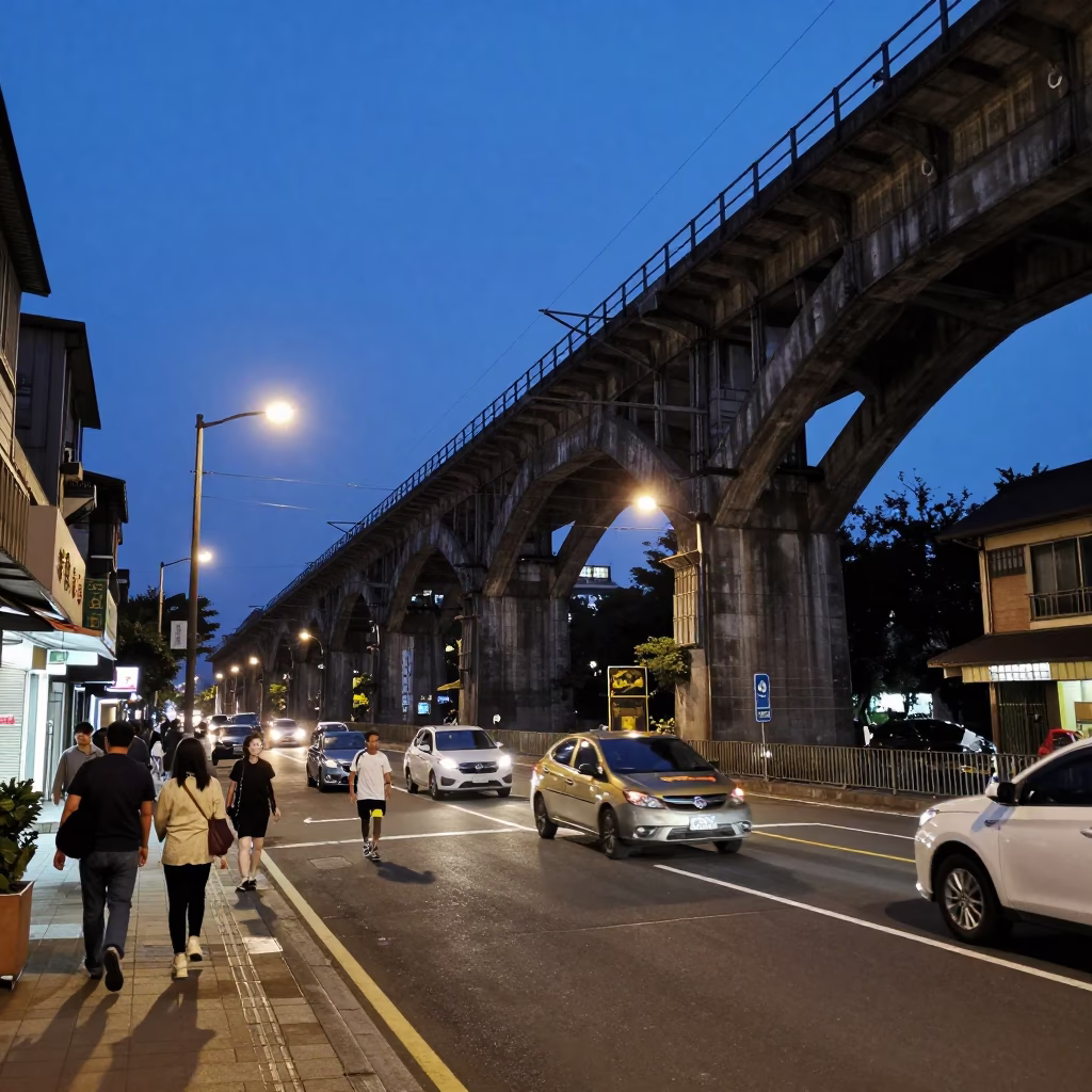Predawn Taipei Street Scene with Railway Viaduct and Travelers in 1990s in in Taipei, Taiwan
