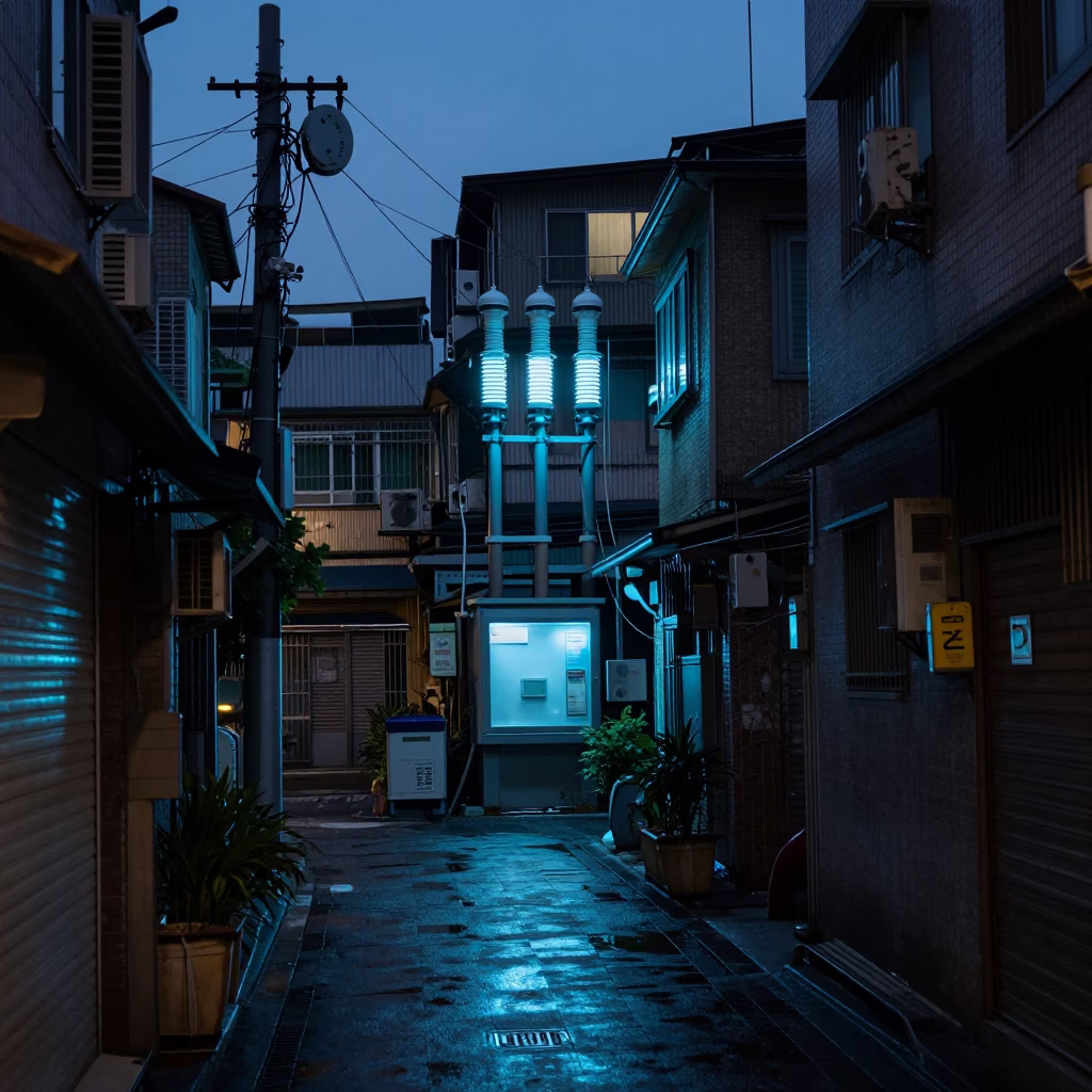 Predawn Taipei Street Scene with Substation Ice-Blue Glow and Local Morning Activity in in Taipei, Taiwan