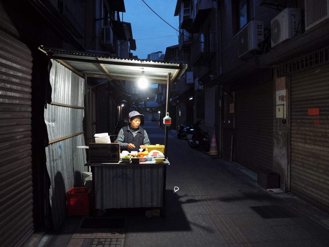 Predawn Taipei Street Scene with Vintage Radio and Whisks in Traditional Market Stall in in Taipei, Taiwan