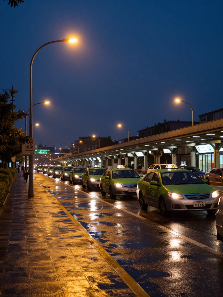 Predawn Taxi Rank Outside Kaohsiung Train Station with Streetlights and Early Commuters in in Kaohsiung, Taiwan
