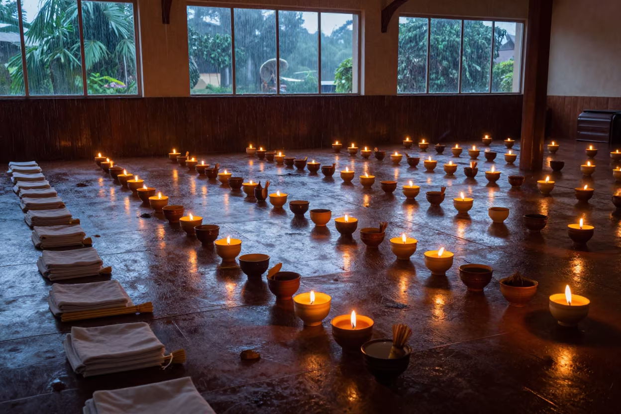 Predawn Tea Ceremony Hall in Kigali Rainy Season in in a ceremonial hall in Kigali