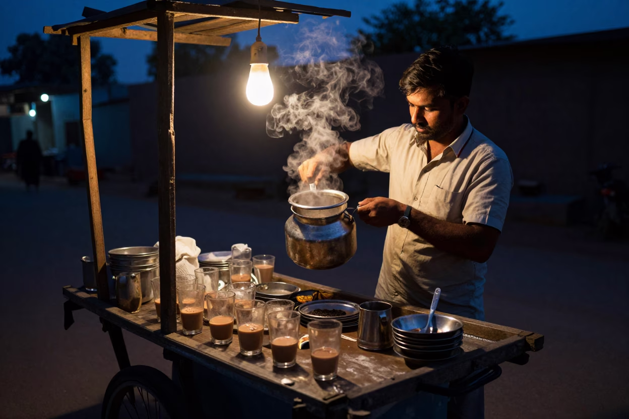 Predawn Tea Stall in Jaipur India with Glass Tumblers and Strainer in in Jaipur, India